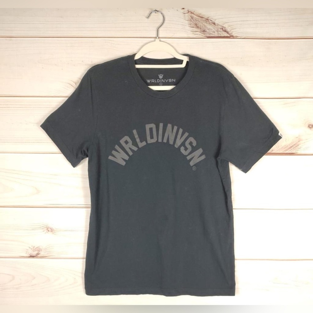 Wrldinvsn L Tee Men’s Black Graphic T-shirts Short Sleeve 100% Cotton.